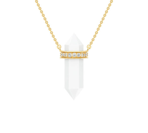 Collier Pendule Solitaire Agate Blanche Diamants Blancs