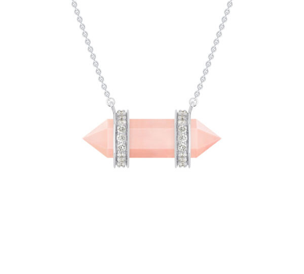 Necklace Pendulum Double Rings Rose Quartz White Diamonds